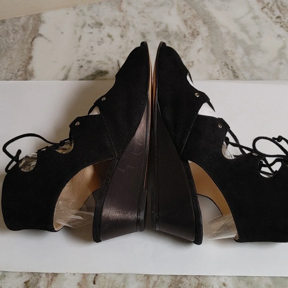 Amalfi By Rangoni Firenze Black Suede Wedge Lace Up Open Toe Ankle Sandals 8M